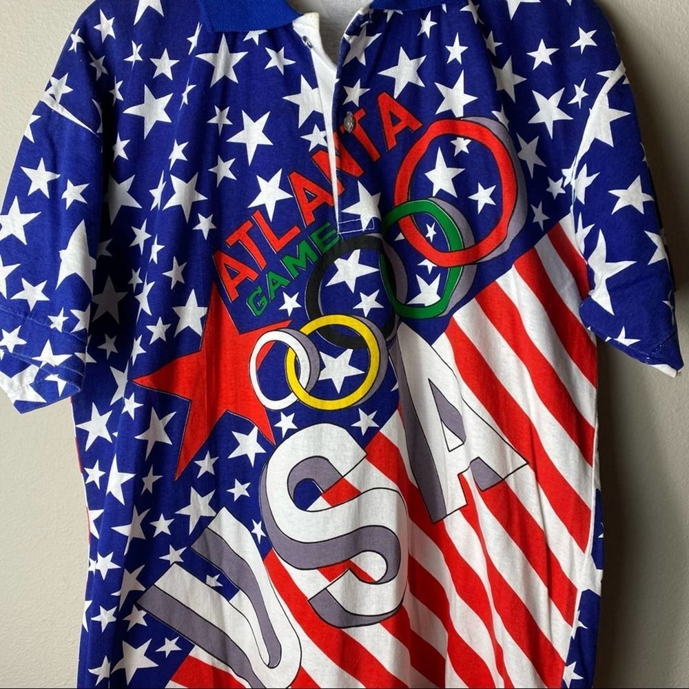 Vintage Olympics Shirt Mens Size Large USA Polo All Over Print America AOP